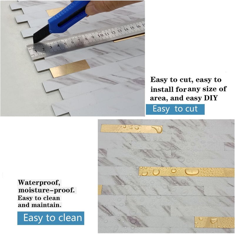 weimeisc 10-Sheet Peel and Stick Backsplash Tile, PVC Mixed Metal Stick on Backsplash Tiles for Kitchen (10, White Stone+Metal Gold) - Image 4